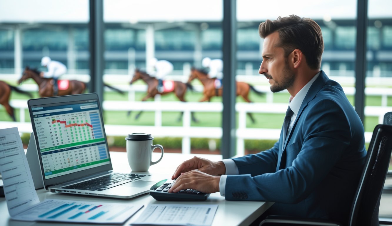 Seorang pria duduk di meja kantor modern sambil menganalisis statistik balap kuda di laptop dengan latar belakang trek balap kuda.