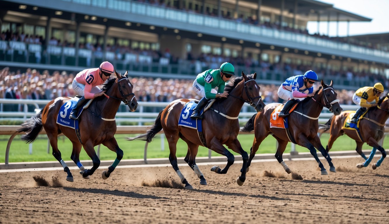 Beberapa kuda pacu dengan joki berwarna-warni sedang berlari kencang di lintasan balap dengan penonton di tribun belakang.