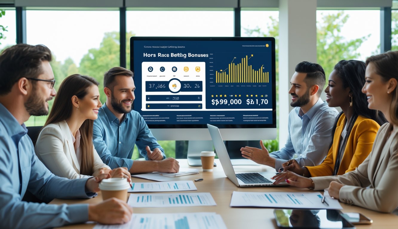 Sekelompok orang sedang berdiskusi di kantor dengan layar komputer yang menampilkan data terkait bonus judi balap kuda.