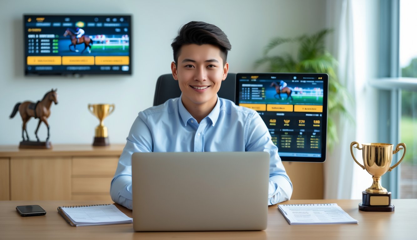 Seorang dewasa muda duduk di meja dengan laptop yang menampilkan balap kuda, terlihat fokus dan tersenyum di ruangan terang.