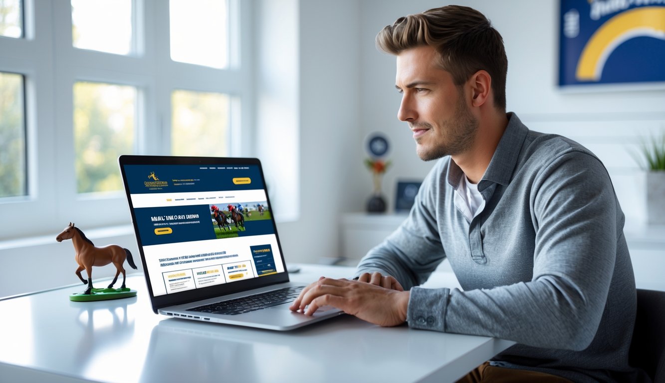 Seorang pria muda duduk di meja dengan laptop, sedang melihat informasi tentang judi balap kuda di ruang kerja yang terang dan rapi.