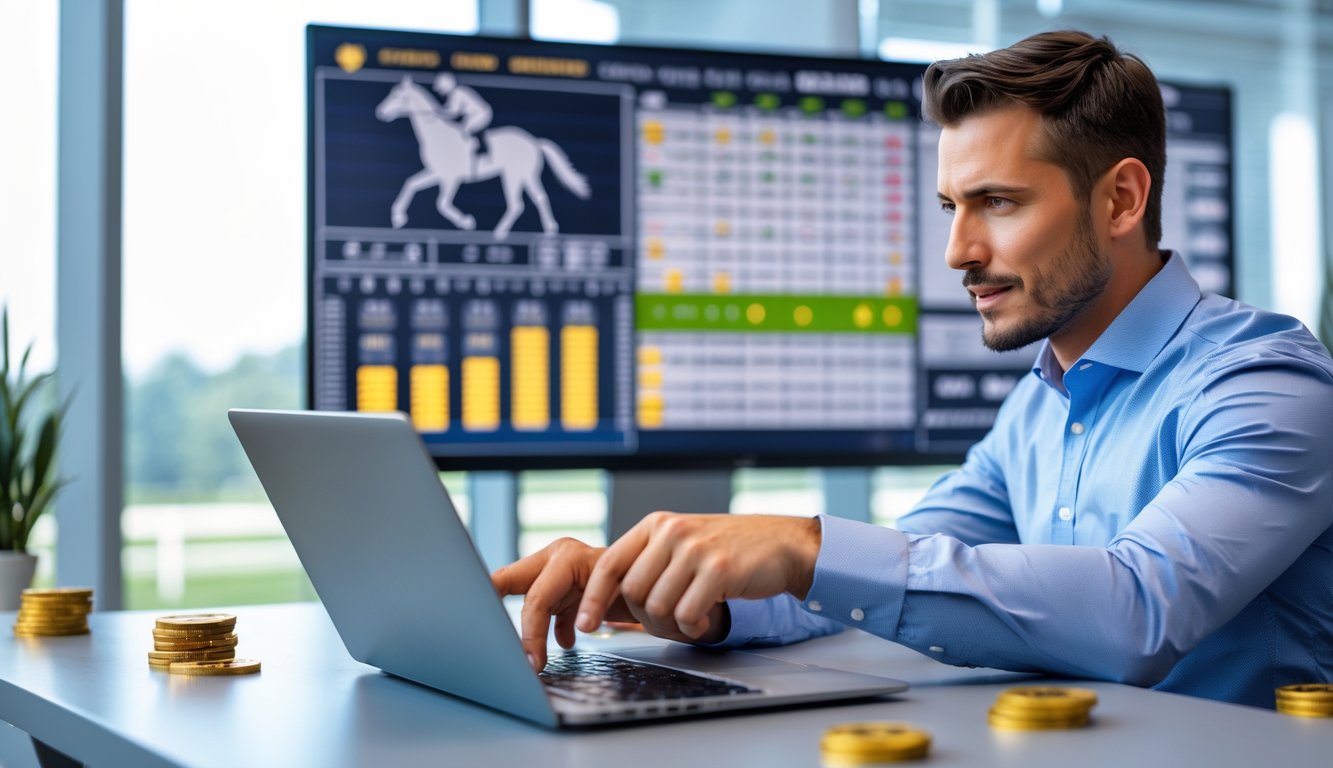 Seorang pria sedang duduk di meja dengan laptop, menganalisis data balap kuda dan strategi taruhan bonus di kantor yang terang.