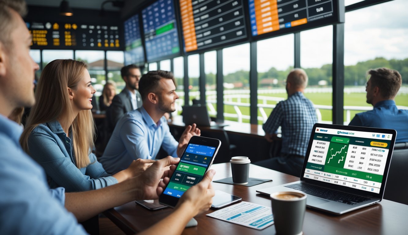 Beberapa orang sedang memperhatikan layar besar yang menampilkan peluang taruhan balap kuda di sebuah tempat taruhan modern, dengan latar belakang trek balap dan kuda yang sedang berlari.