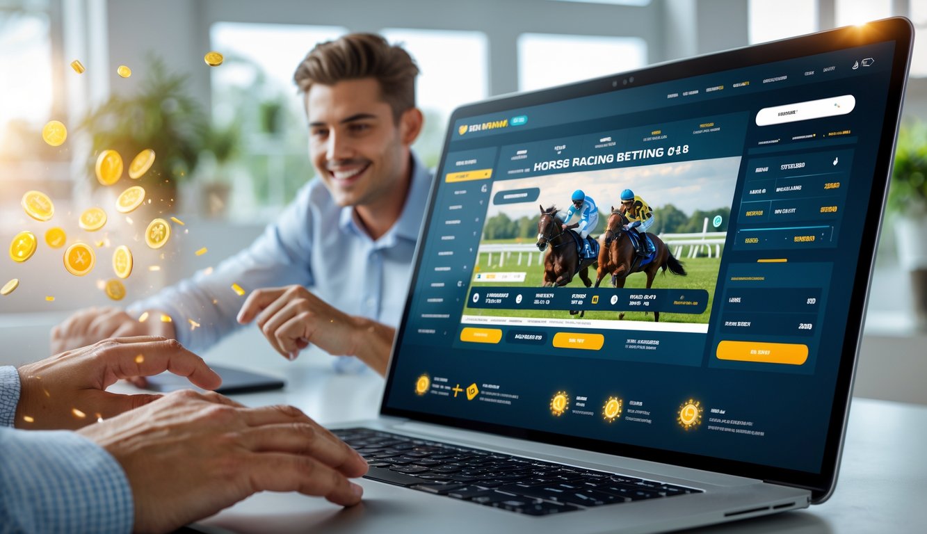 Seseorang menggunakan perangkat digital dengan layar yang menampilkan aktivitas taruhan balap kuda online di lingkungan rumah atau kantor yang terang dan modern.