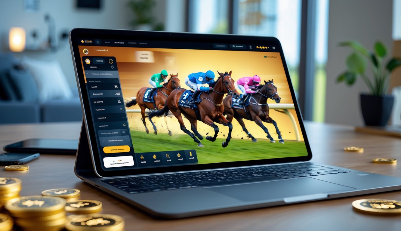 Seseorang menggunakan laptop dengan tampilan balap kuda online yang sedang berlangsung di layar, di lingkungan rumah atau kantor modern.