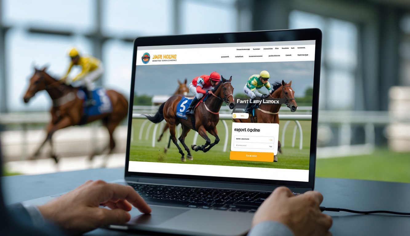 Seseorang menggunakan perangkat digital dengan latar belakang balapan kuda yang sedang berlangsung.