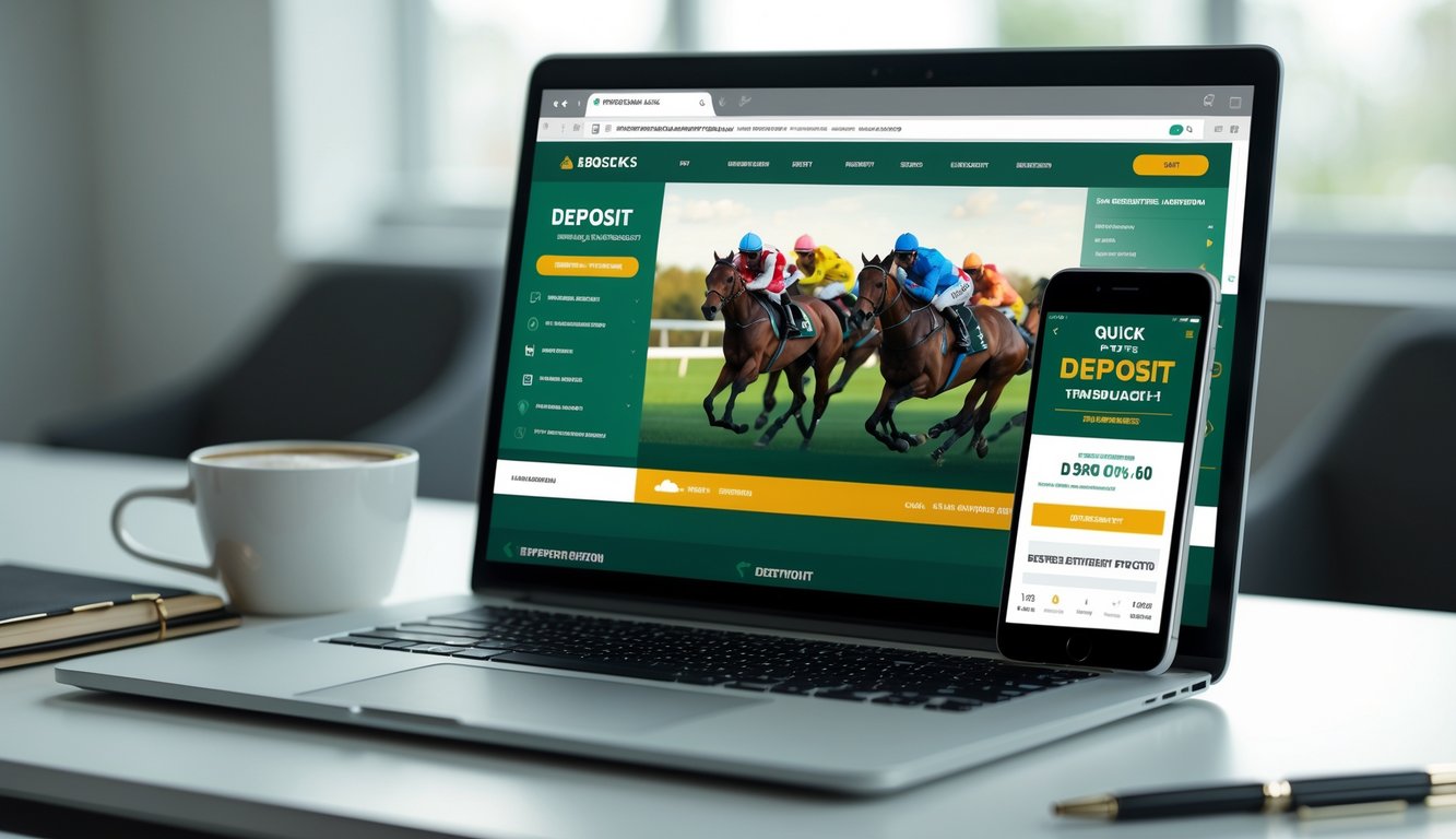 Seseorang menggunakan laptop dan ponsel untuk memasang taruhan balap kuda online dengan latar meja kerja yang rapi.