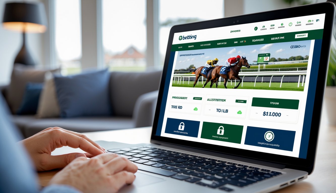 Seseorang menggunakan laptop atau ponsel untuk memasang taruhan balap kuda online di lingkungan rumah yang nyaman dengan suasana yang aman dan cepat.