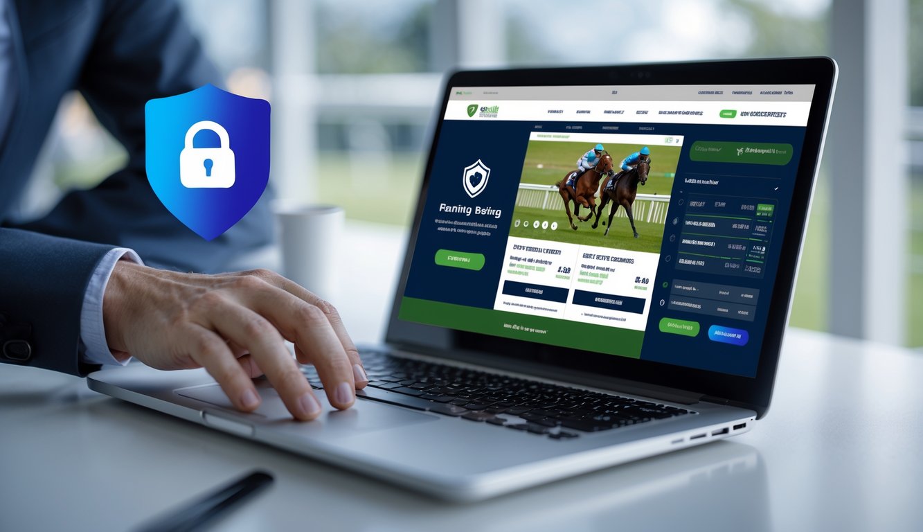 Seseorang menggunakan laptop dengan tampilan situs taruhan balap kuda online yang aman dan cepat.