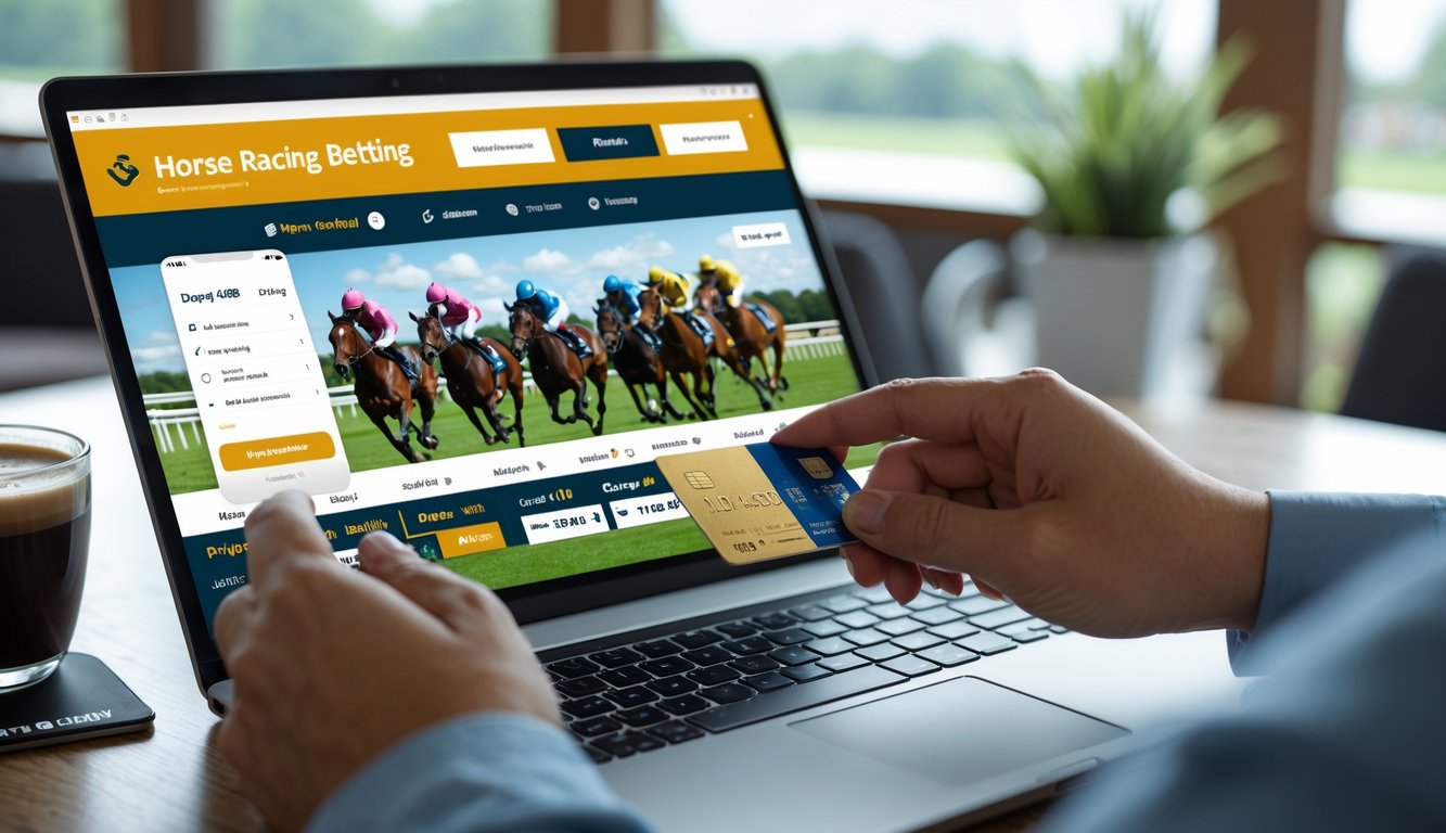 Seseorang menggunakan laptop atau ponsel untuk memasang taruhan balap kuda online dengan latar belakang alat tulis dan kopi.