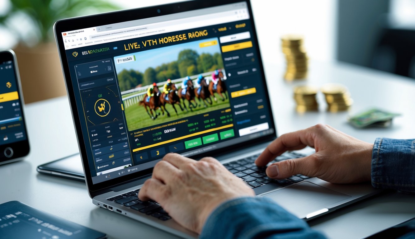Seseorang menggunakan laptop dengan tampilan balap kuda online di layar, dengan tangan yang sedang berinteraksi dan perangkat digital di meja.