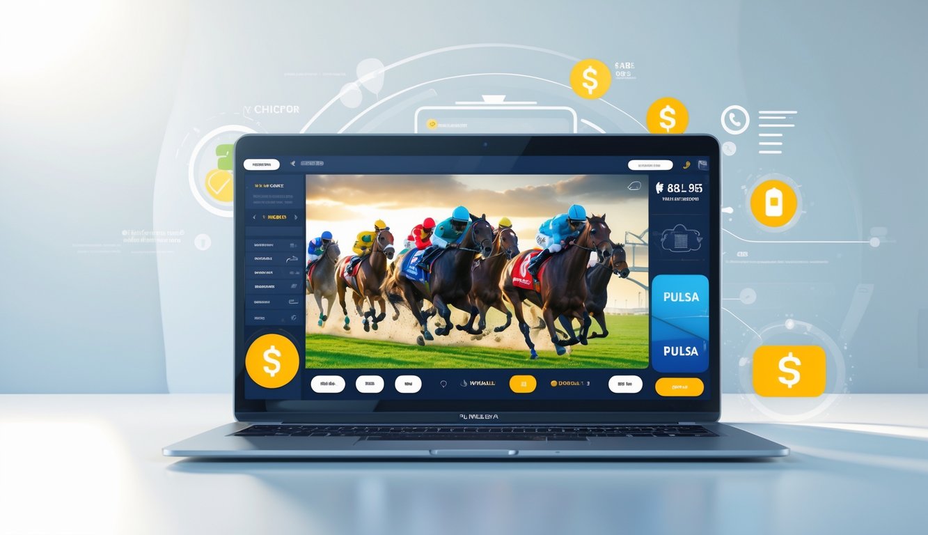 Layar perangkat digital menampilkan balap kuda dengan ikon pembayaran digital di sekitarnya.