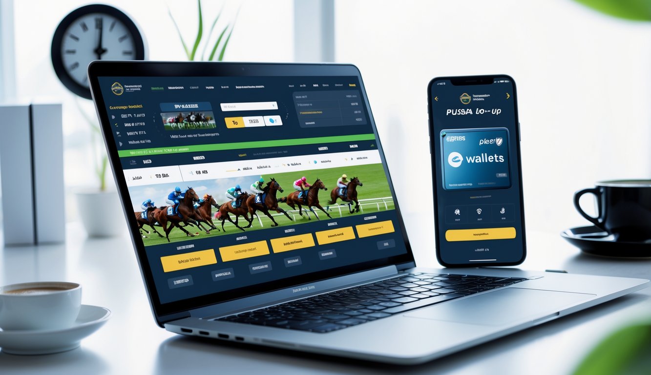 Meja kerja dengan laptop dan ponsel yang menampilkan aplikasi taruhan balap kuda dan pembayaran digital.