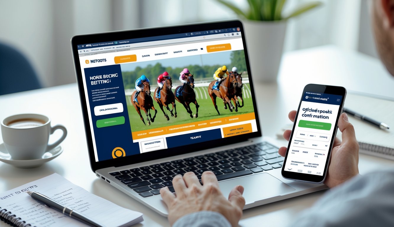 Seorang pengguna duduk di depan laptop dan smartphone yang menampilkan situs taruhan balap kuda online dengan suasana kerja yang rapi dan terang.