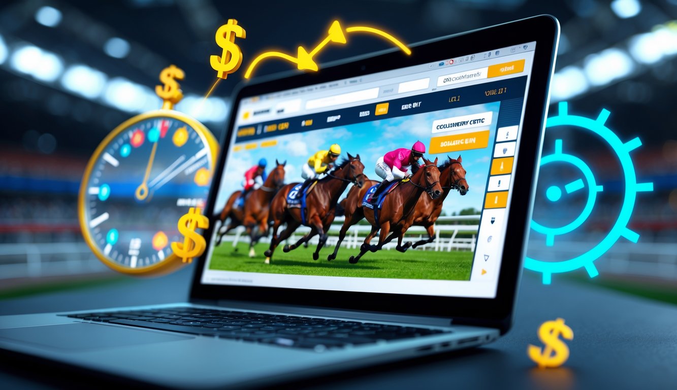 Seseorang menggunakan perangkat digital untuk memasang taruhan balap kuda online dengan simbol transaksi cepat dan hadiah jackpot.