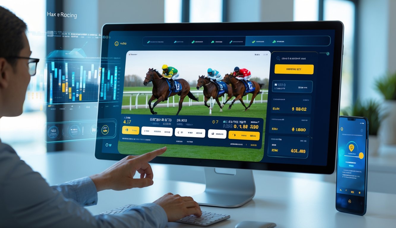 Seseorang menggunakan komputer dengan tampilan taruhan balap kuda online di layar.