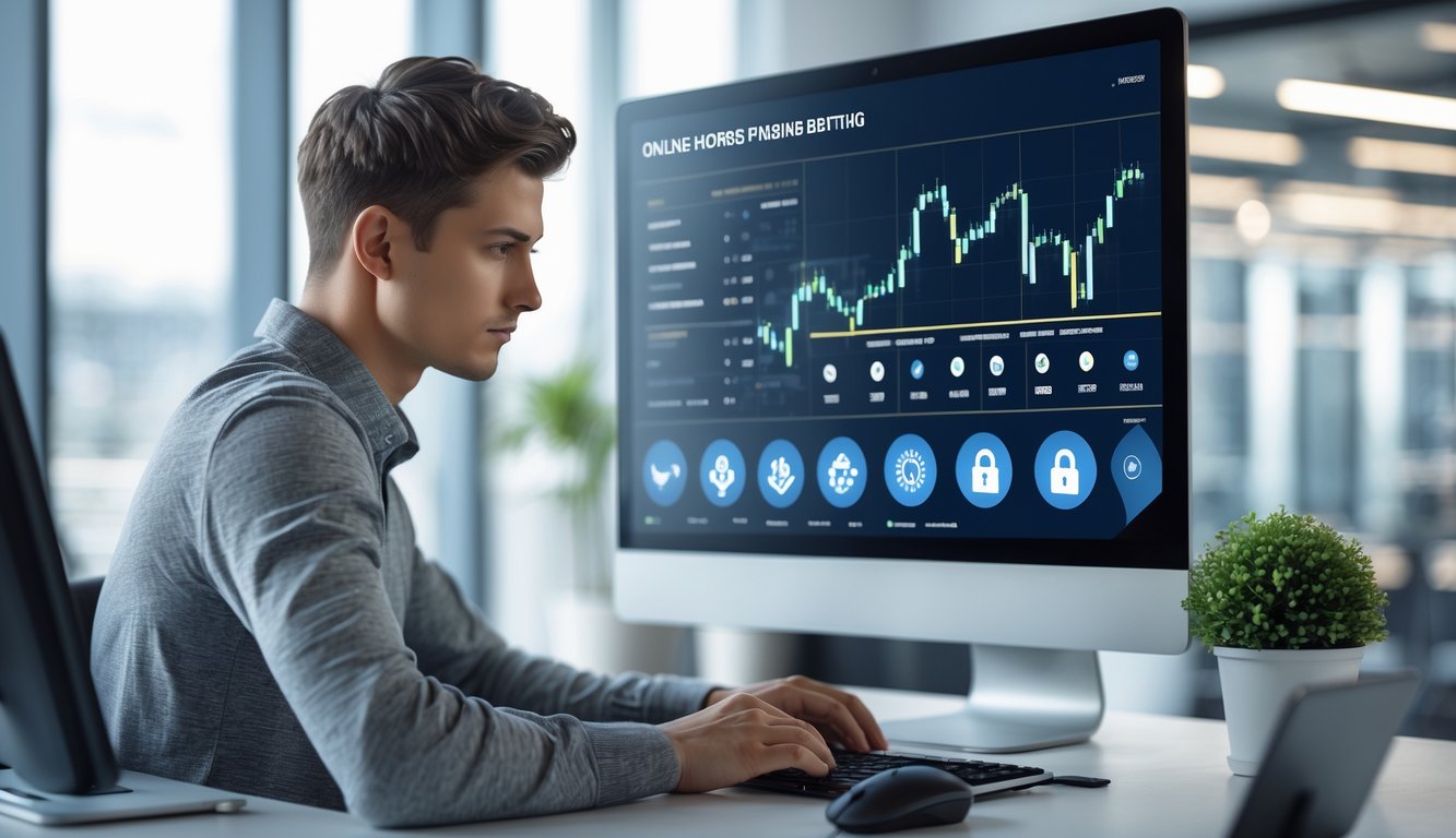 Seorang pria muda menggunakan komputer dengan layar menampilkan platform taruhan balap kuda online yang modern dan aman.