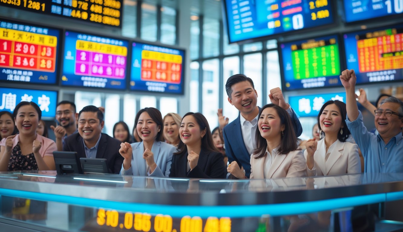 Orang-orang antusias di dalam kantor taruhan Macau yang modern, menonton layar digital dengan angka lotere dan jackpot, dengan suasana penuh kegembiraan dan harapan.