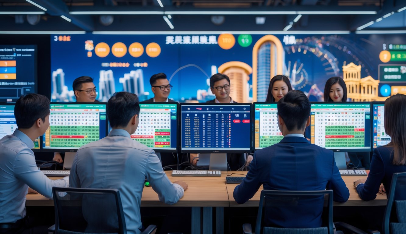 Orang-orang sedang bekerja dengan komputer menampilkan data taruhan Toto Macau di ruang kerja modern dengan latar belakang pemandangan kota Macau.