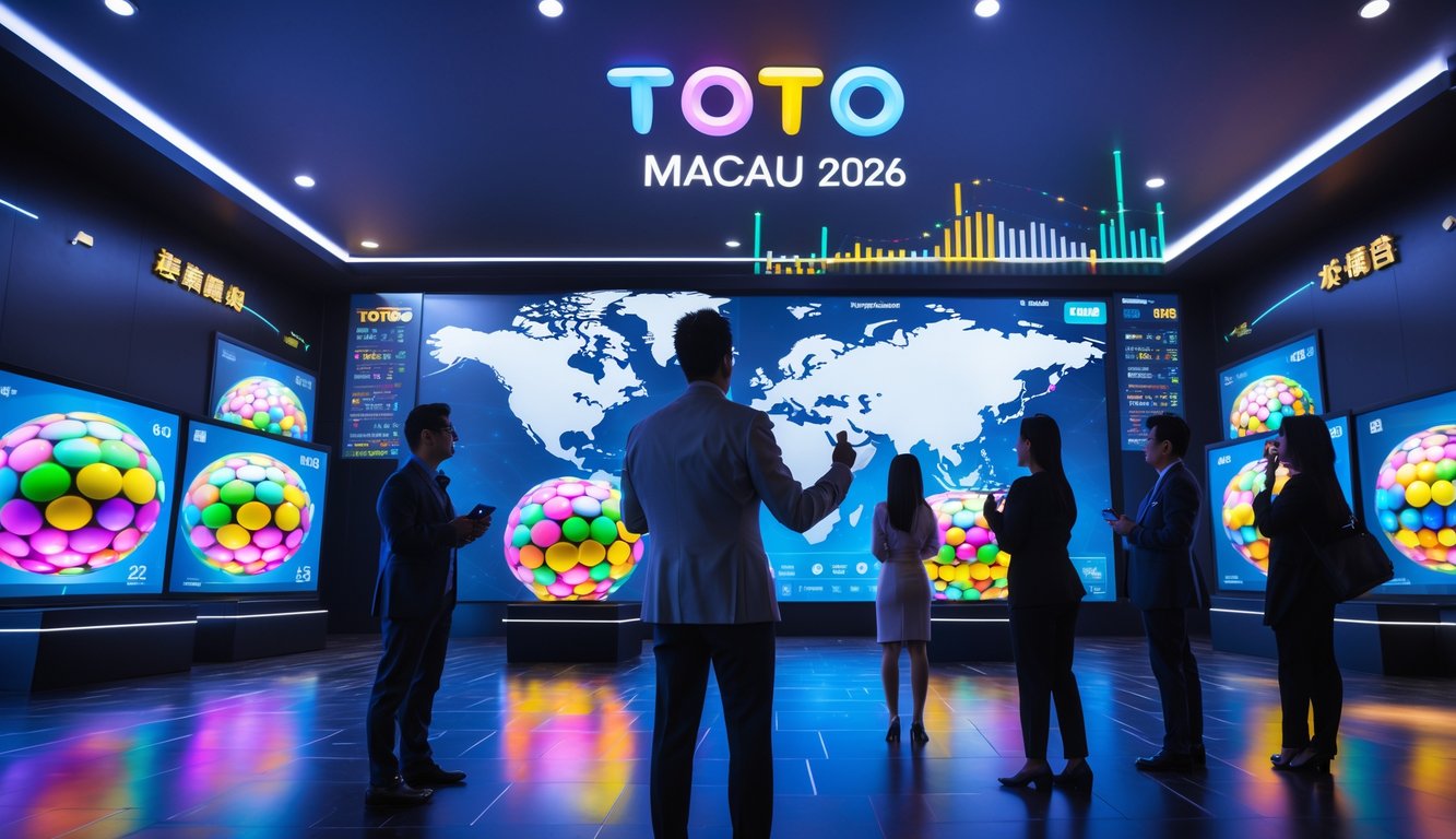 Ruangan modern dengan beberapa orang yang memperhatikan layar besar menampilkan bola lotere berwarna-warni dalam proses pengundian secara langsung.
