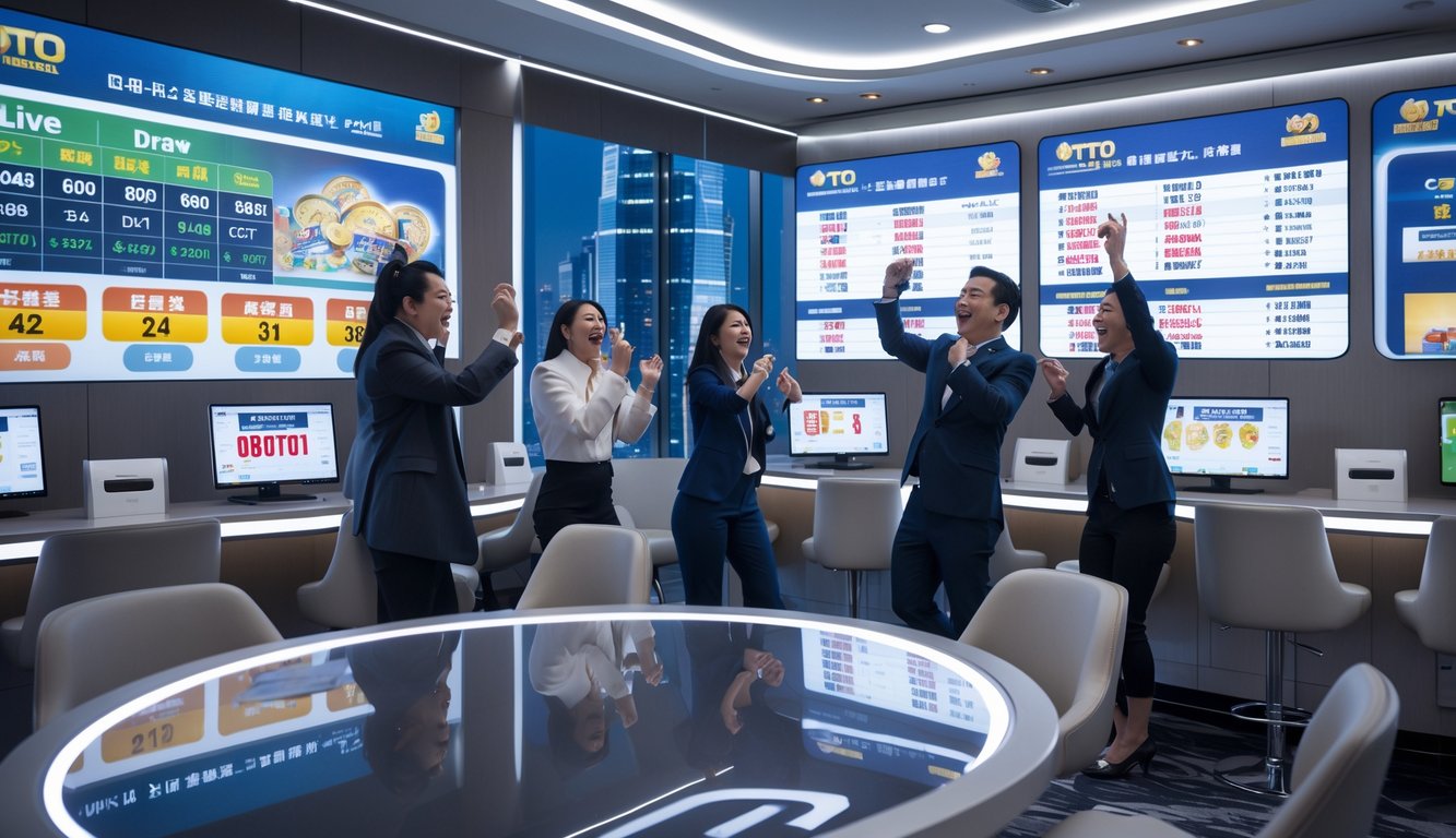 Suasana ruang permainan modern dengan orang-orang menonton hasil undian langsung di layar besar, dengan pemandangan kota Macau di latar belakang.