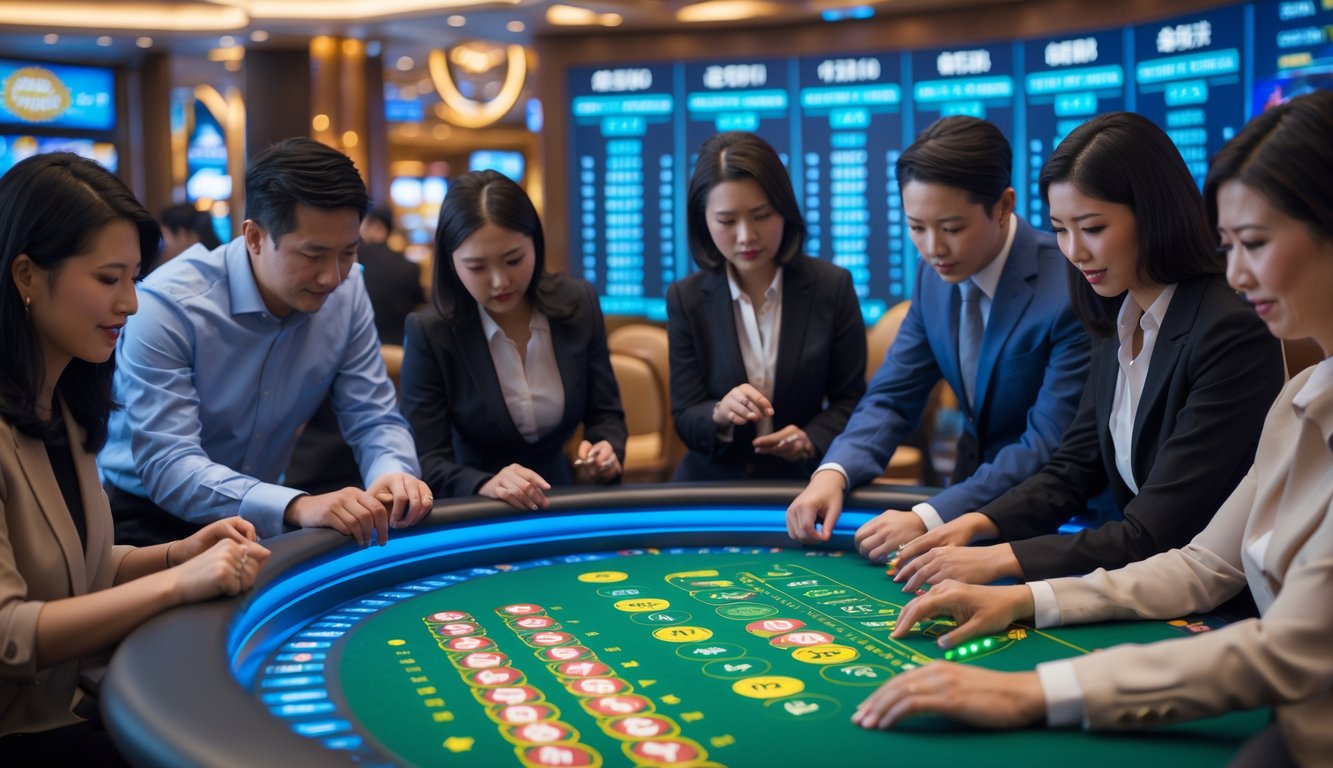 Orang-orang sedang berkumpul di meja permainan dengan layar digital menampilkan angka dan grafik prediksi di latar belakang suasana kasino di Macau.