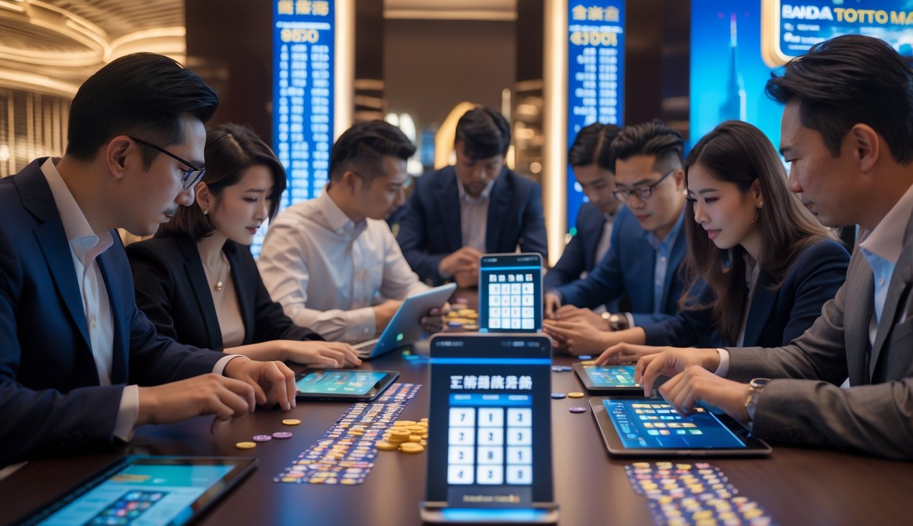 Beberapa orang sedang duduk di meja dengan tiket lotre dan perangkat digital, fokus berdiskusi tentang permainan Bandar Toto Macau.