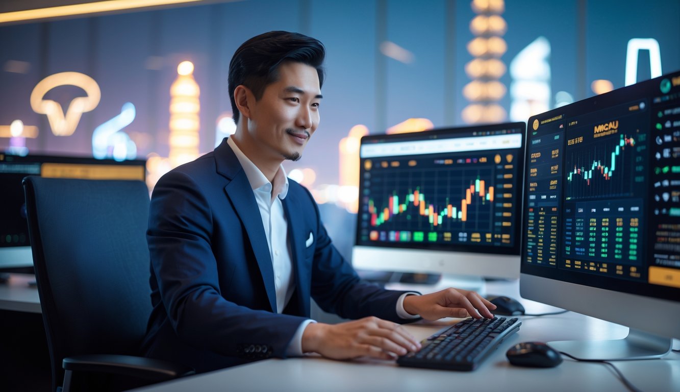 Seorang pria Asia duduk di meja dengan beberapa layar komputer menampilkan grafik dan antarmuka kasino digital, dengan latar belakang kota Macau yang samar.