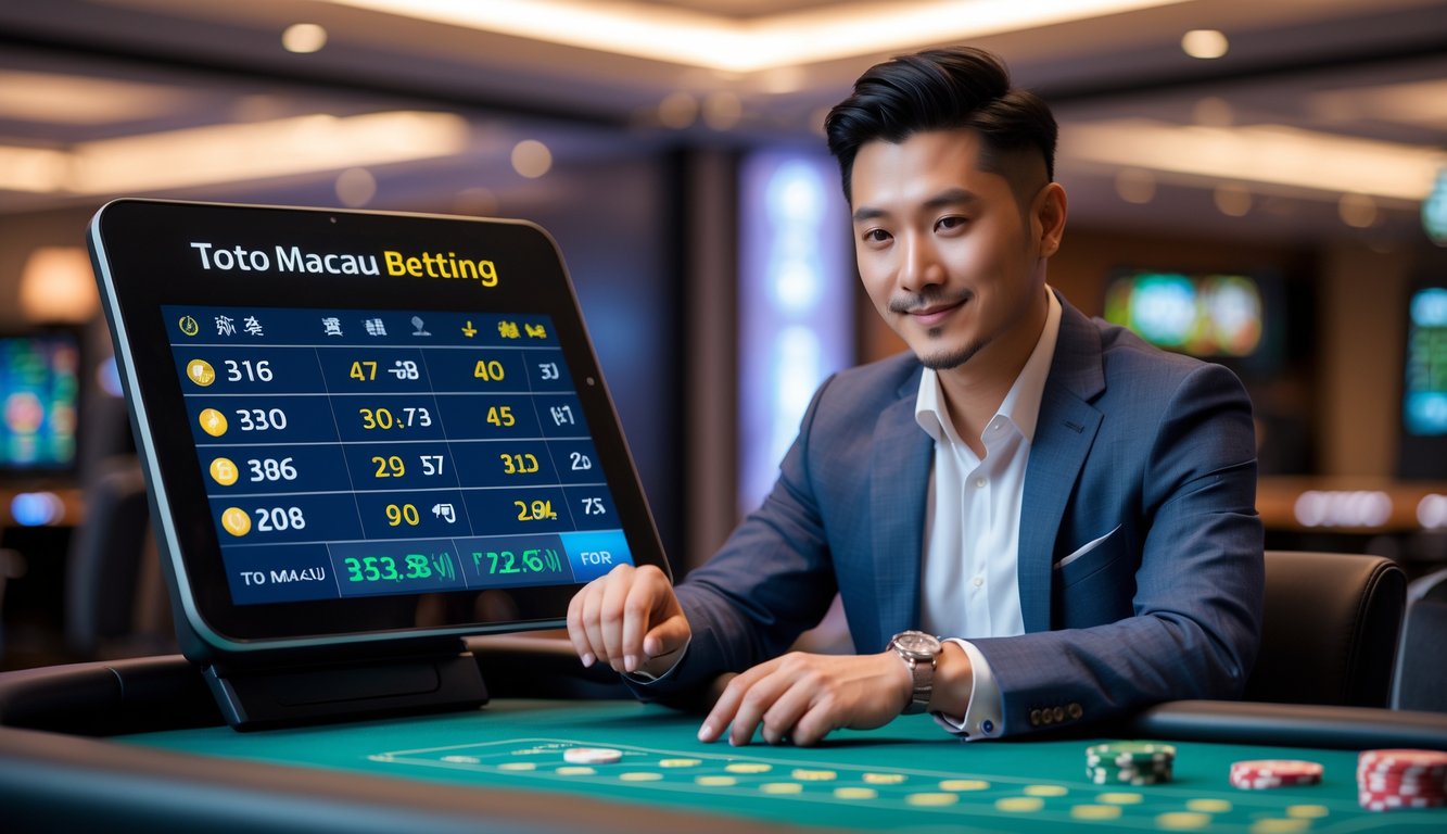 Seorang pria Asia Tenggara duduk di meja permainan modern dengan layar digital, fokus dan tersenyum sambil merencanakan strategi taruhan Toto Macau.