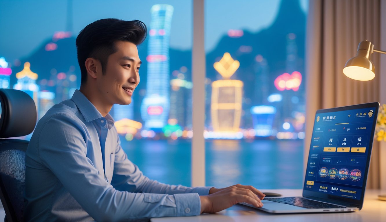 Seorang pria muda Asia duduk di meja kerja modern dengan laptop, latar belakang menampilkan pemandangan kota Macau yang samar.