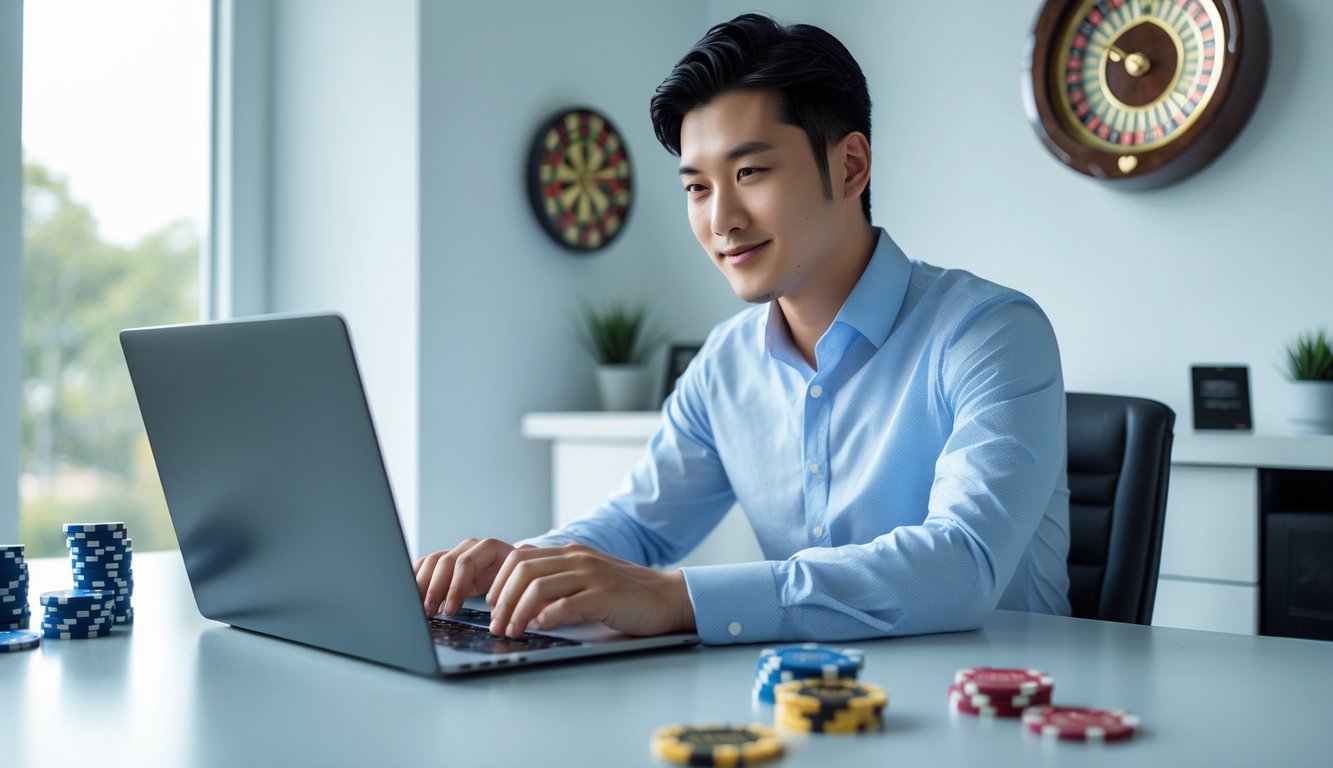 Seorang pria muda Asia duduk di meja kerja dengan laptop, tampak fokus dan percaya diri di ruang kantor yang terang dengan elemen permainan judi di latar belakang.