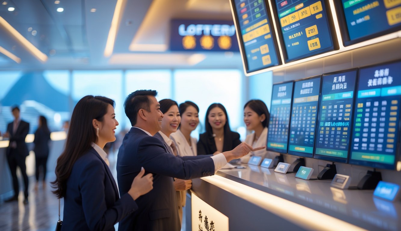Orang-orang sedang melihat layar hasil lotere dan berbicara dengan petugas di sebuah konter modern di Macau.