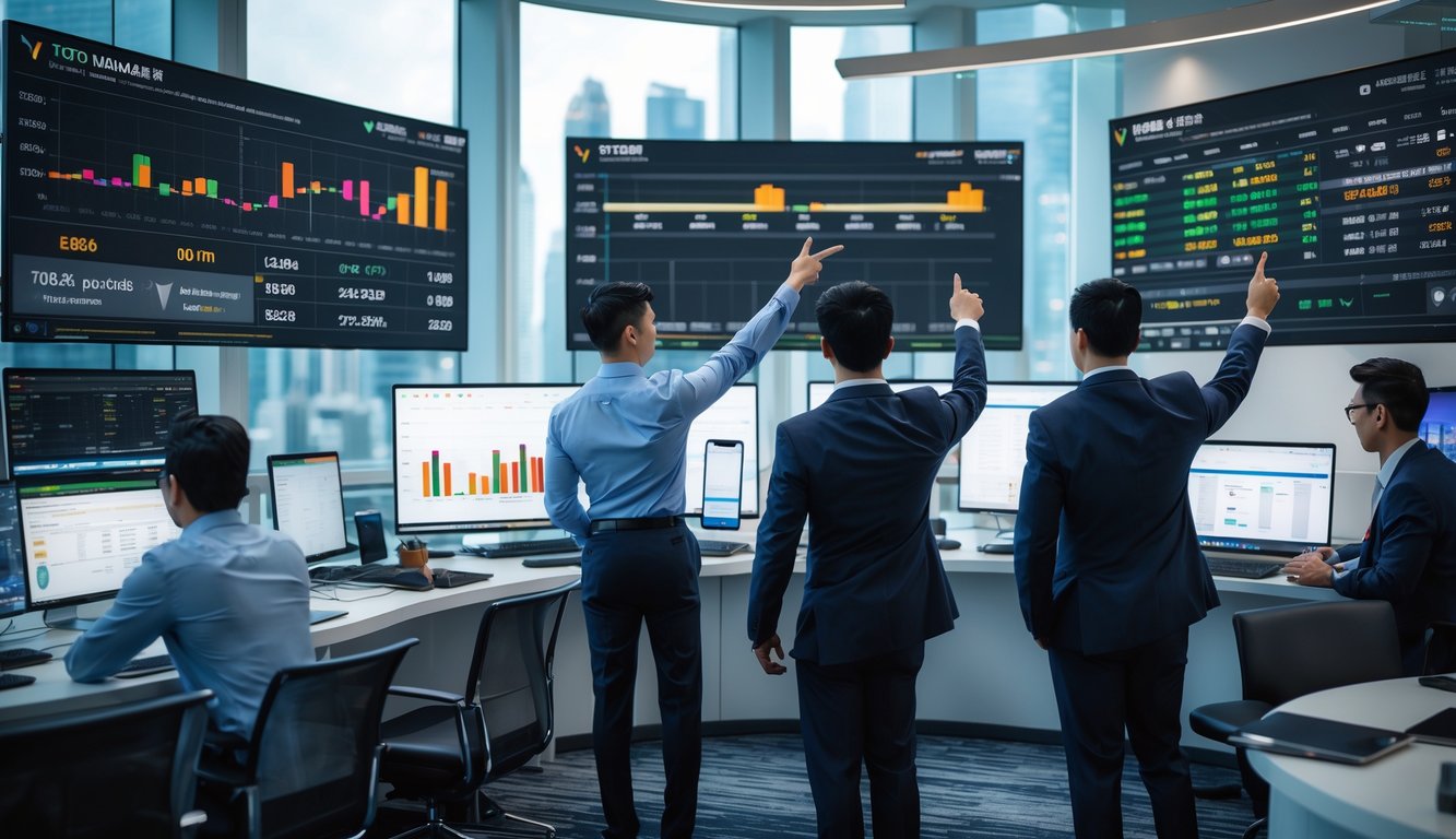 Sekelompok profesional sedang menganalisis data taruhan Toto Macau secara langsung di sebuah kantor modern dengan layar komputer besar dan pemandangan kota di belakang.