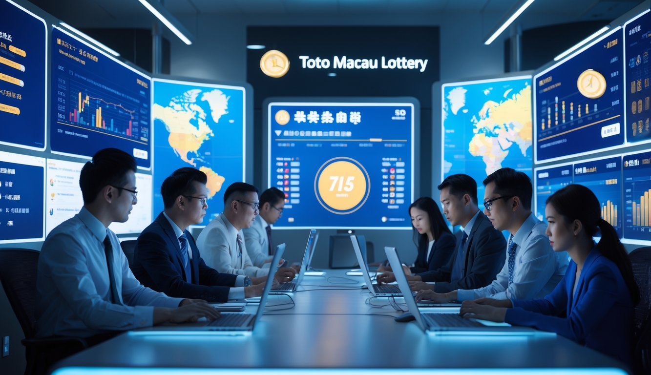 Sekelompok profesional sedang bekerja di kantor modern dengan layar digital besar menampilkan data dan hasil langsung terkait Toto Macau.