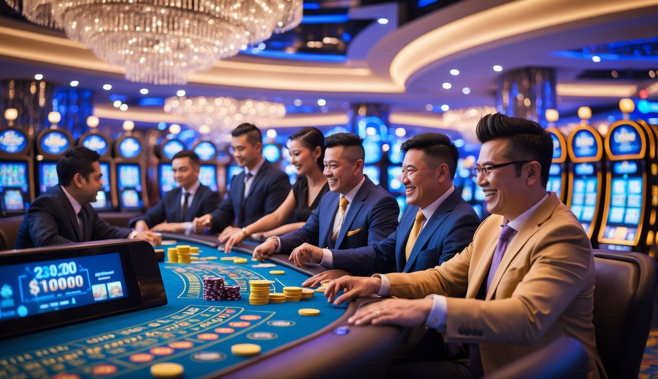 Suasana ramai di dalam kasino modern di Macau dengan orang-orang bermain di meja judi dan mesin slot, terlihat antusias dan fokus.