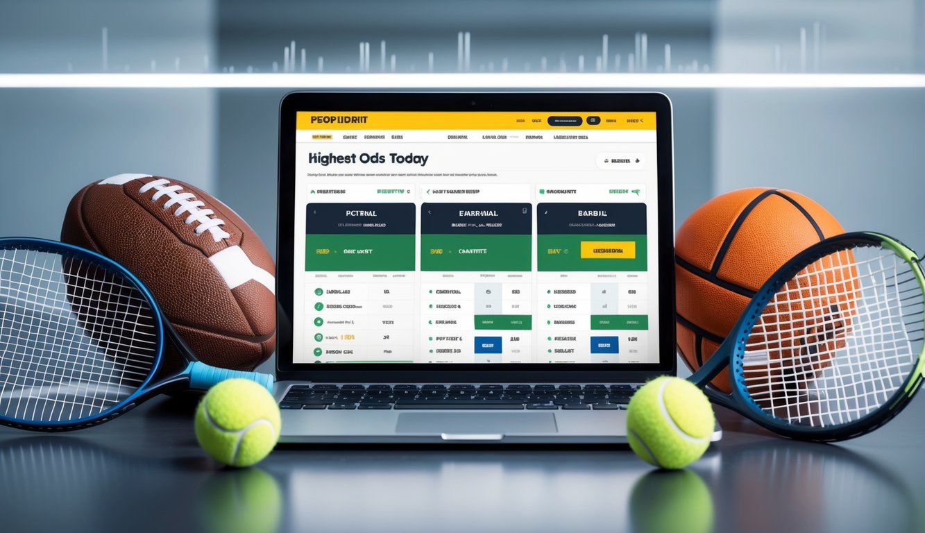 Sebuah meja kerja dengan perangkat digital menampilkan taruhan olahraga online dan perlengkapan sepak bola, bola basket, serta tenis di sekitarnya.