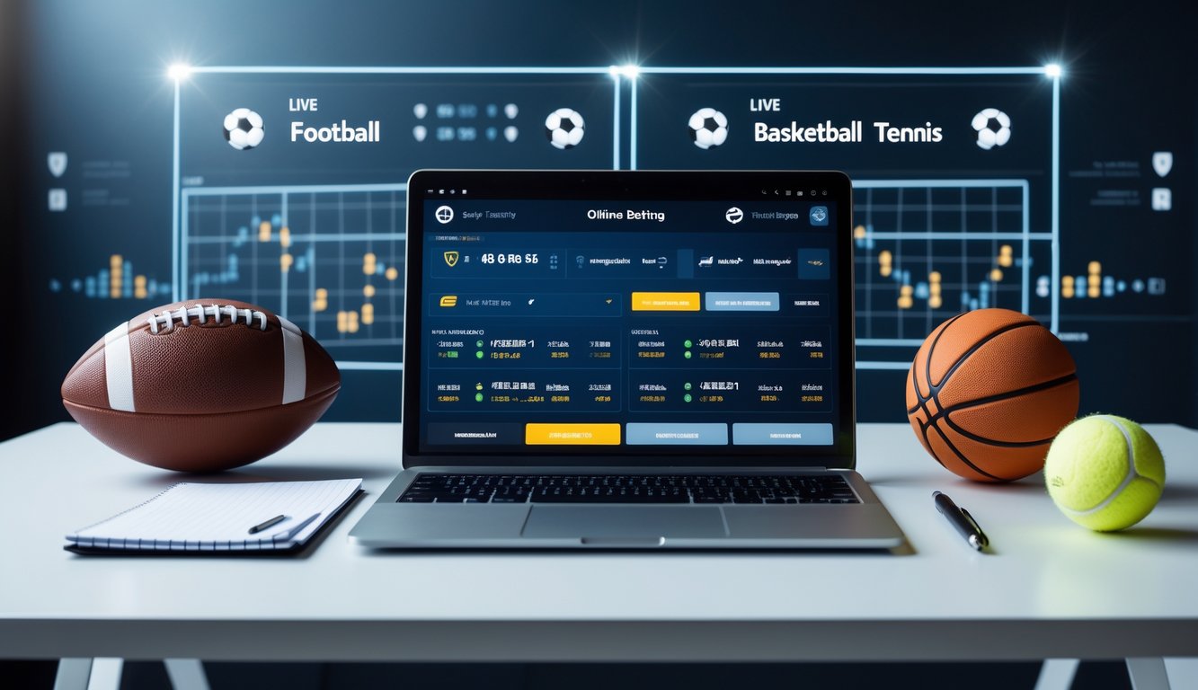 Seorang profesional menggunakan laptop dengan bola sepak, bola basket, dan bola tenis di meja, menampilkan data taruhan olahraga online.
