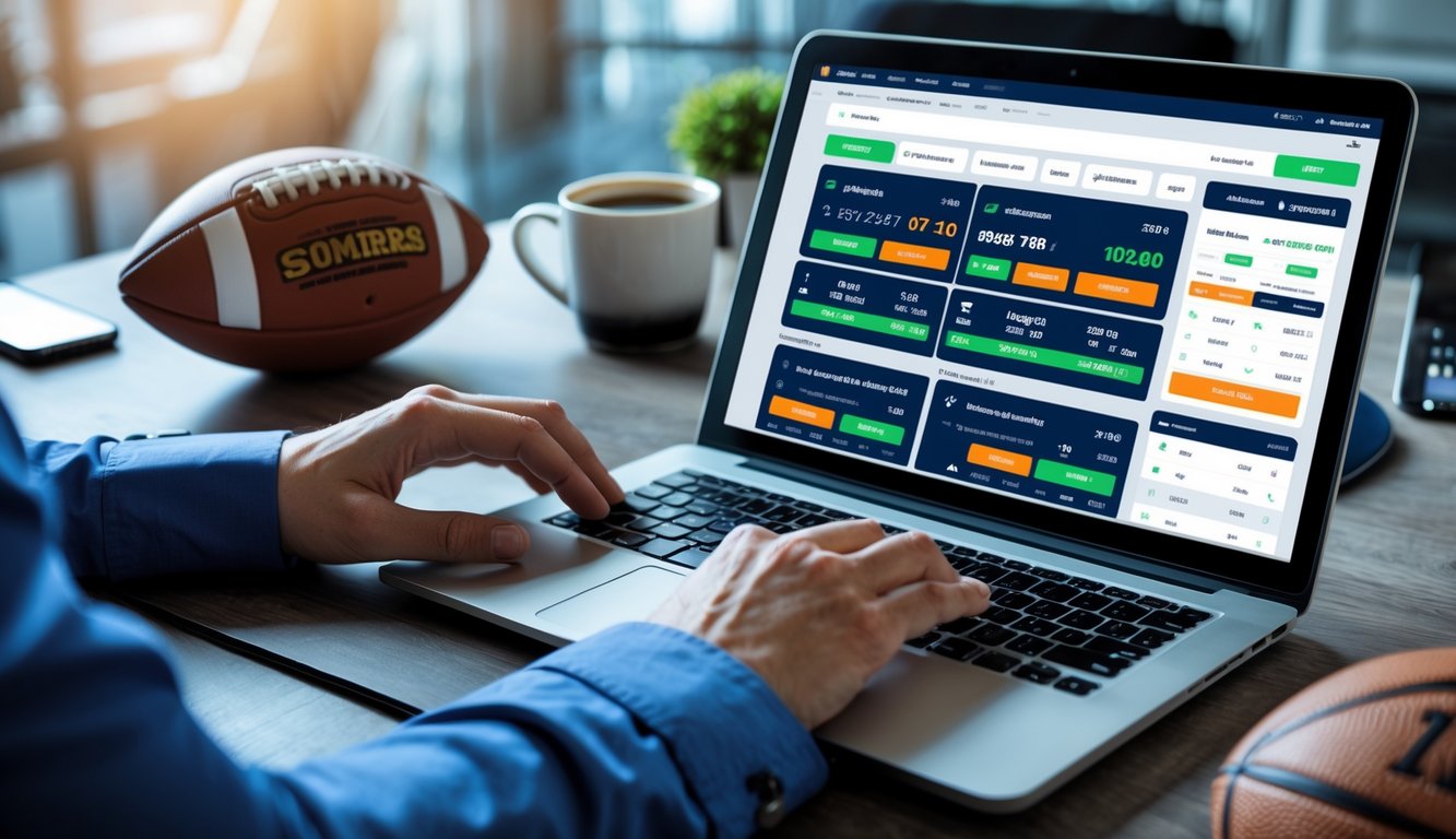 Seseorang di meja kerja menggunakan laptop dengan tampilan situs taruhan olahraga online, dikelilingi oleh perlengkapan olahraga dan perangkat digital.