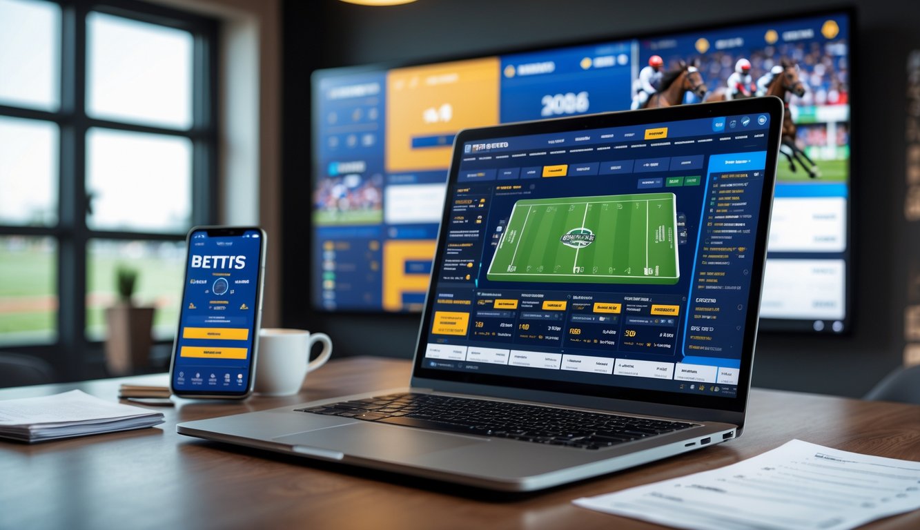 Seorang pria duduk di depan laptop dengan layar menampilkan aplikasi taruhan olahraga, dikelilingi catatan dan ponsel, dengan layar besar di latar belakang menayangkan pertandingan olahraga.