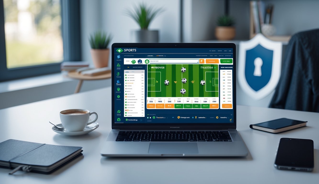 Seseorang sedang menggunakan laptop dengan tampilan antarmuka taruhan olahraga online di meja kerja yang rapi.