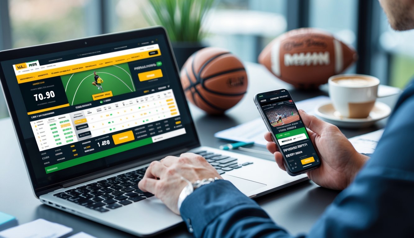 Orang menggunakan laptop dan ponsel untuk taruhan olahraga online dengan bola olahraga di meja.