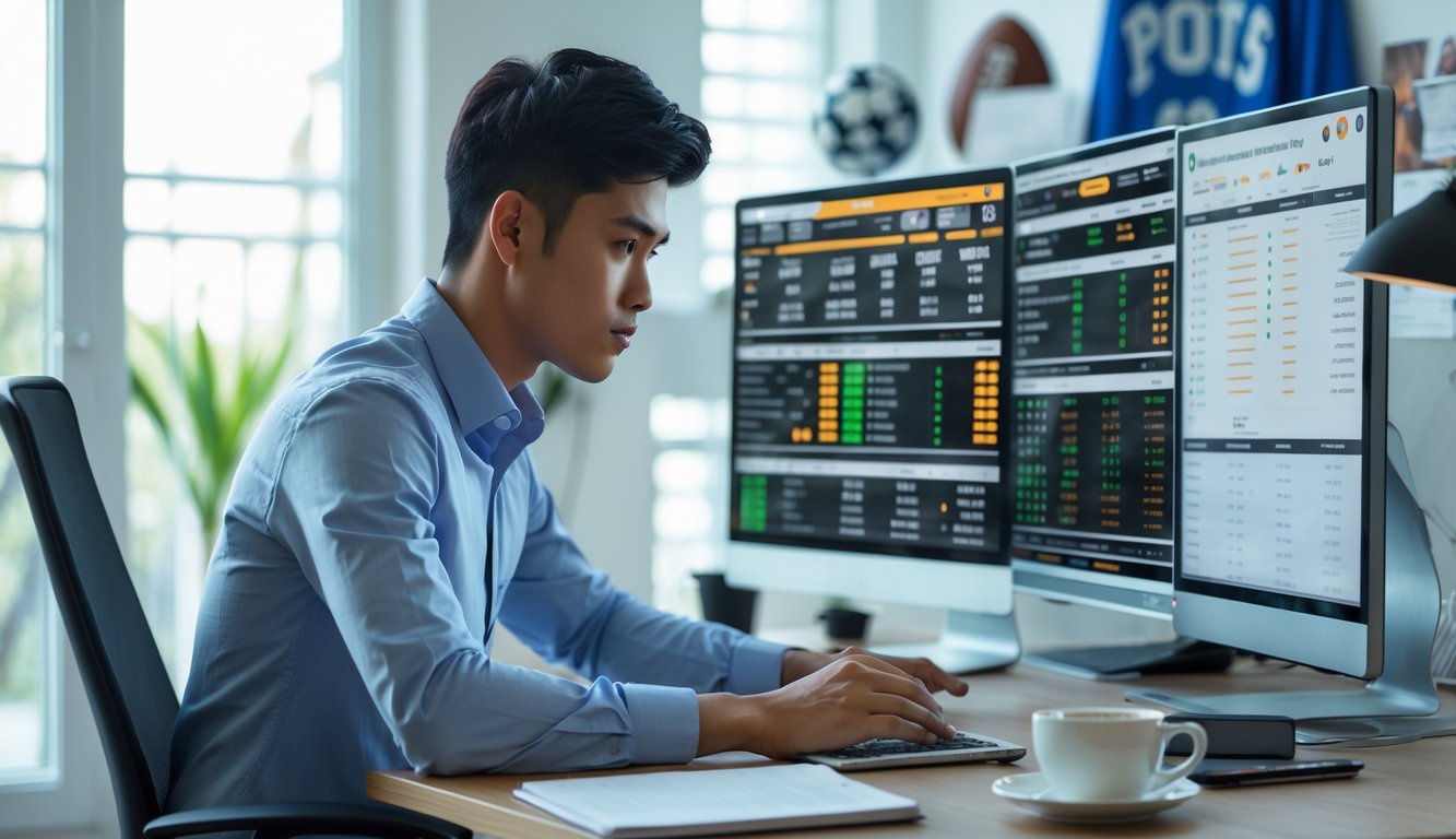 Seorang pria muda Indonesia duduk di meja kerja dengan beberapa layar menampilkan statistik dan peluang taruhan olahraga.