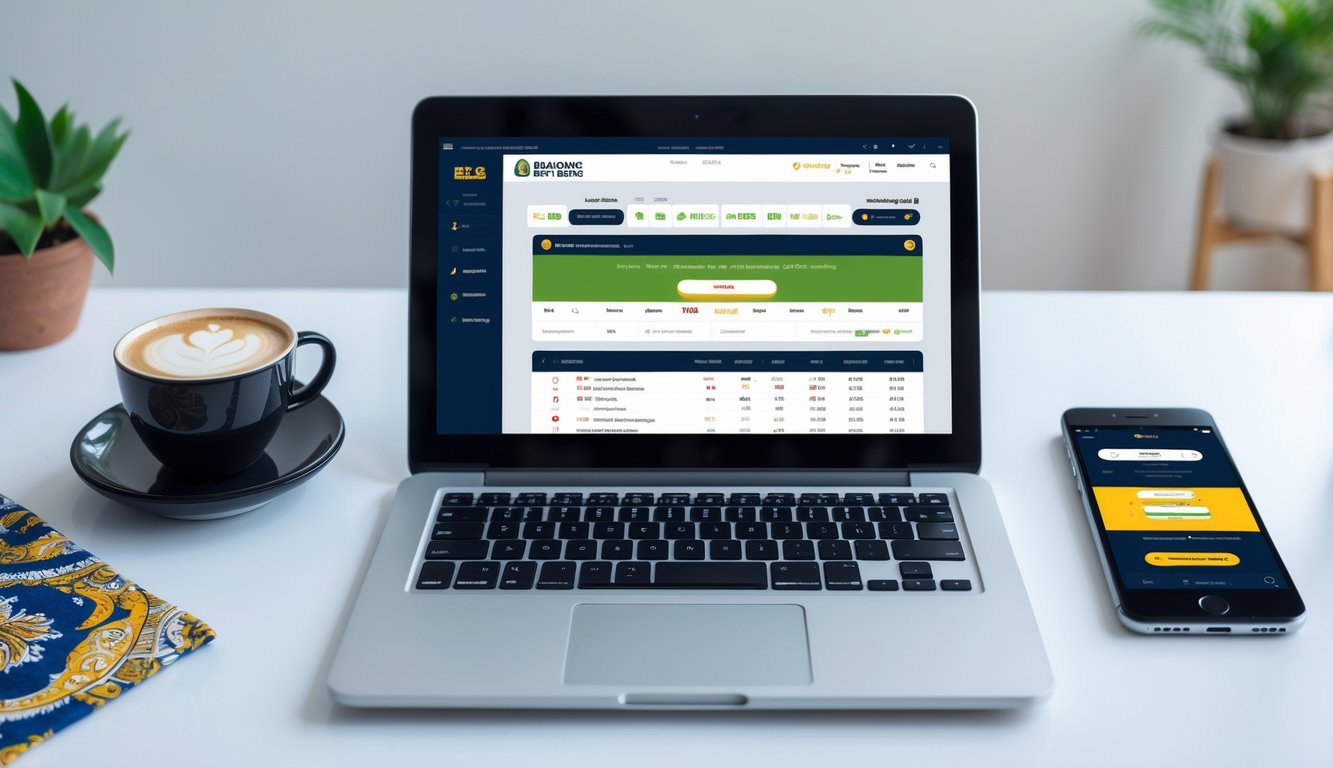 Seorang pria bekerja di depan laptop dan ponsel dengan tampilan situs taruhan olahraga online di meja kerja yang rapi.