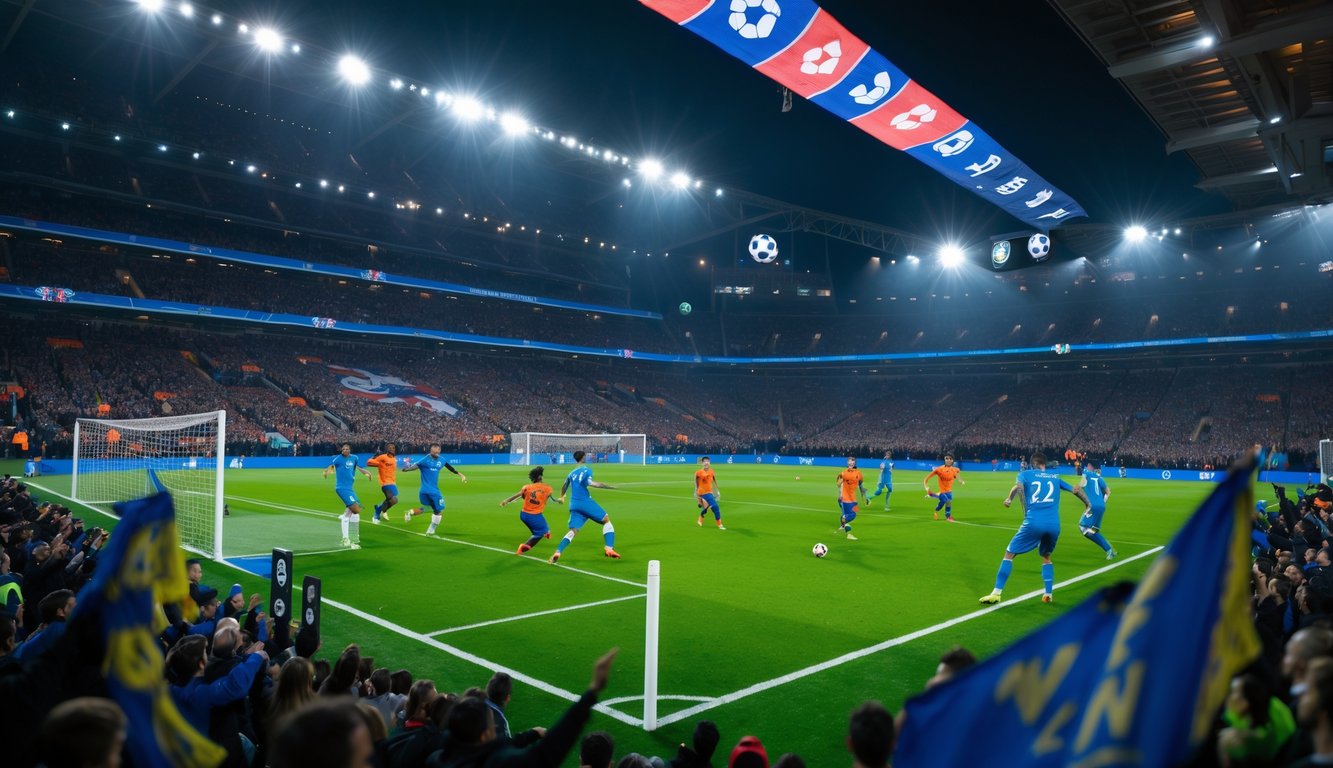 Pertandingan sepak bola Eropa Liga Champions yang sedang berlangsung dengan pemain yang beraksi di lapangan dan penonton di tribun stadion.