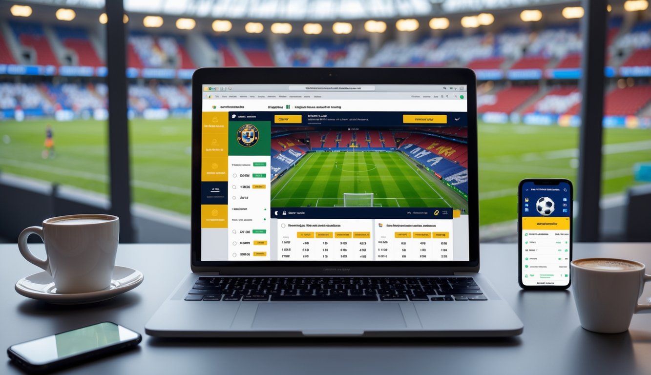 Seorang pria menggunakan laptop di meja kerja yang menampilkan pertandingan sepak bola Eropa secara langsung dengan opsi taruhan dan angka odds tinggi.