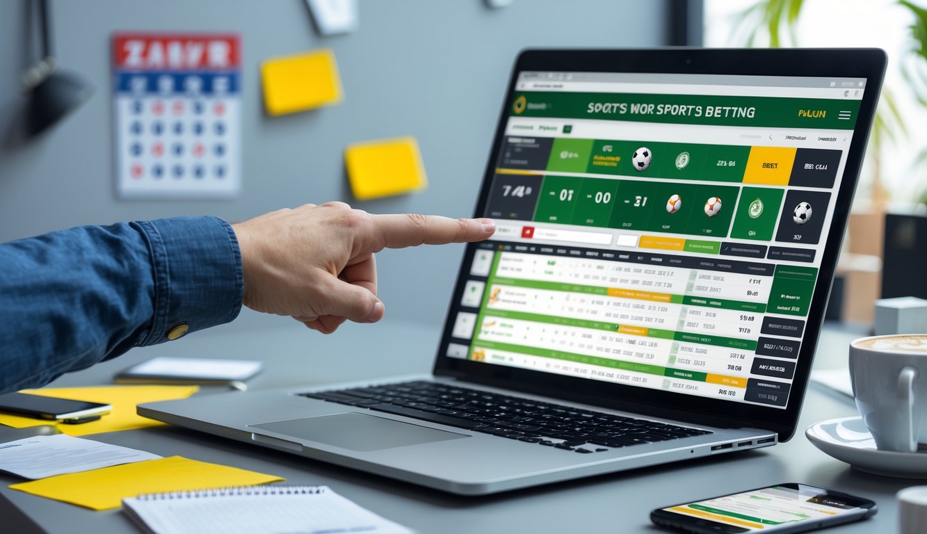 Seseorang menggunakan laptop untuk memilih taruhan olahraga online dengan tampilan layar yang menunjukkan berbagai pilihan taruhan dan peluang.