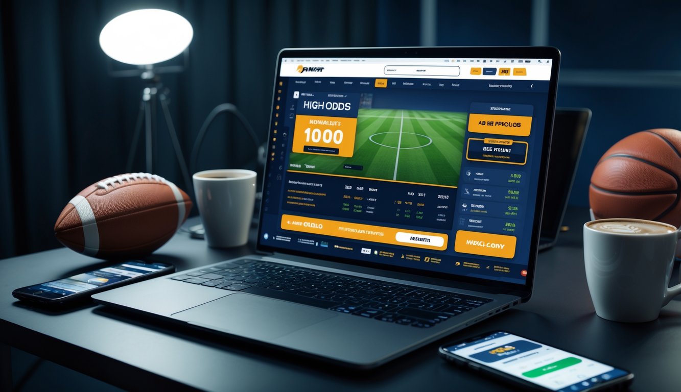 Seorang pria menggunakan laptop di meja kerja dengan tampilan situs taruhan olahraga online dan beberapa perlengkapan olahraga di sekitarnya pada malam hari.
