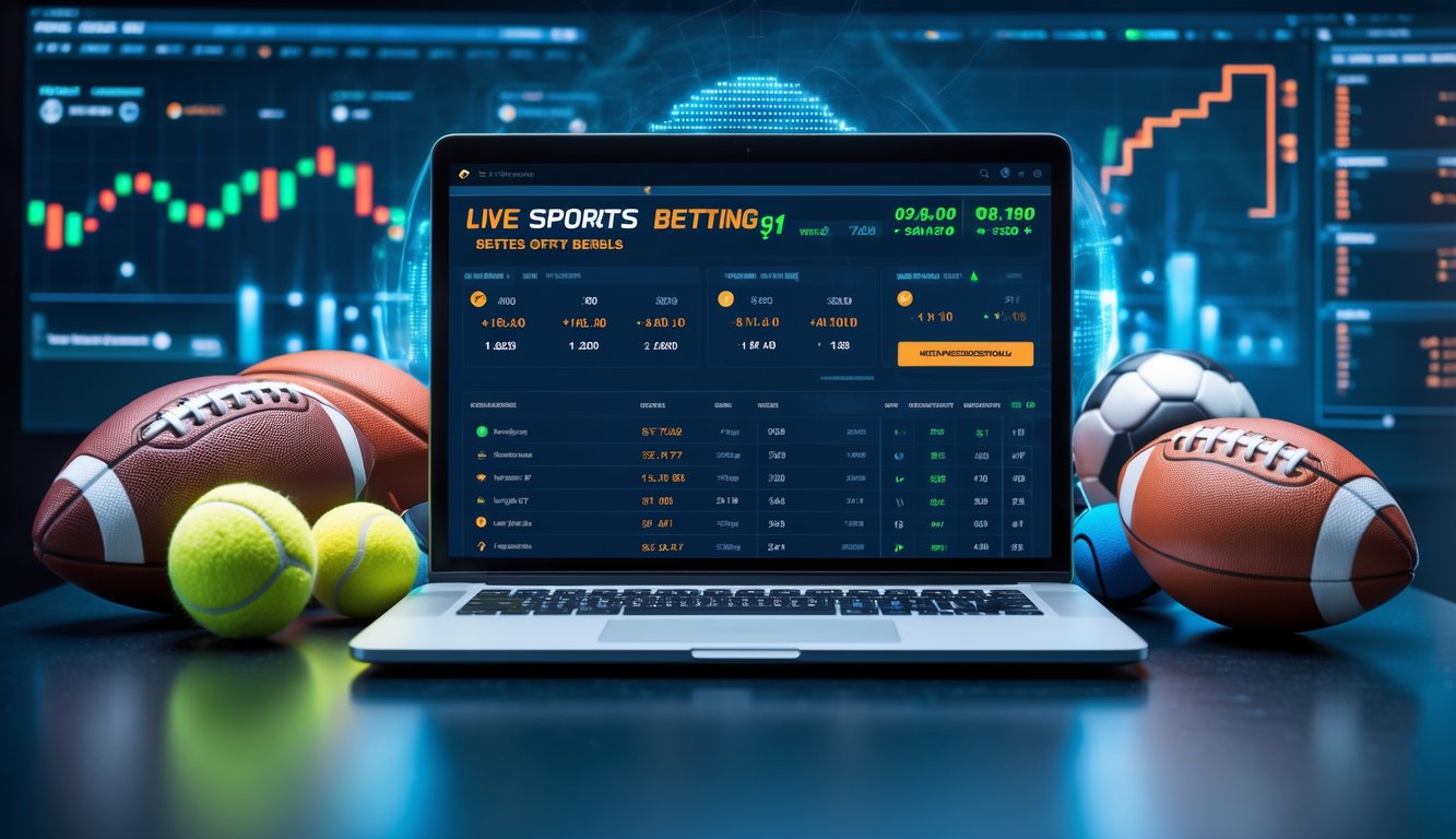 Seorang pria menggunakan laptop di meja dengan bola olahraga di sekitarnya, menampilkan aktivitas taruhan olahraga online.