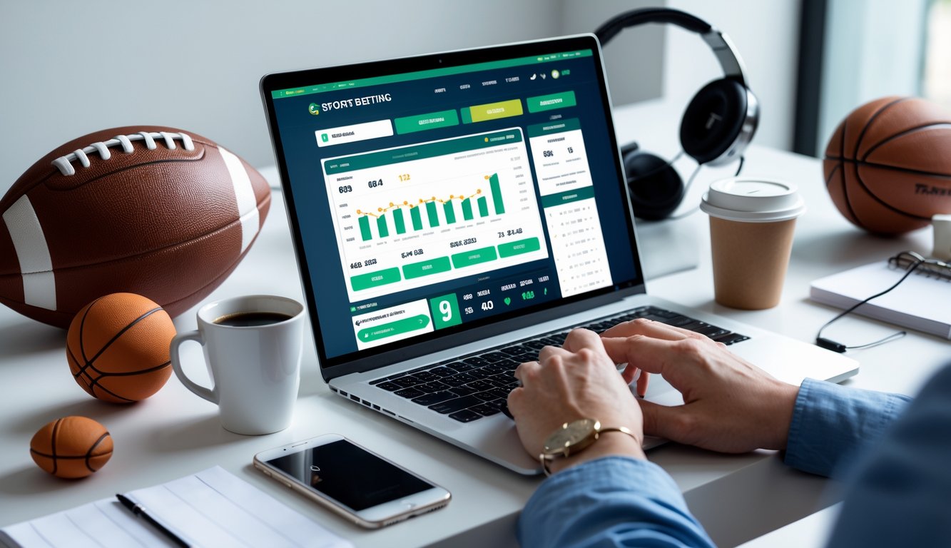 Seseorang menggunakan laptop di meja kerja dengan bola olahraga di sekitarnya, menunjukkan aktivitas taruhan olahraga online.