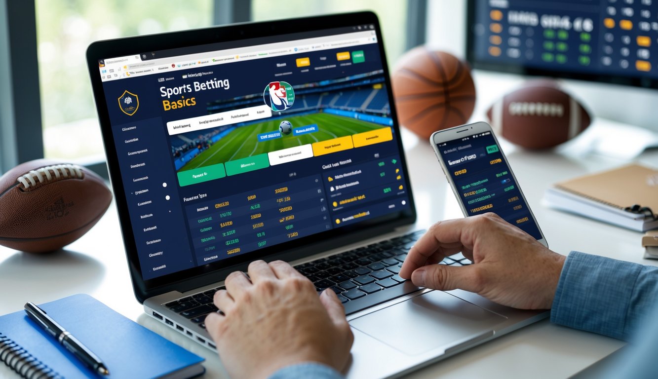 Seseorang menggunakan laptop dan ponsel di meja kerja dengan perlengkapan taruhan olahraga dan bola di latar belakang.